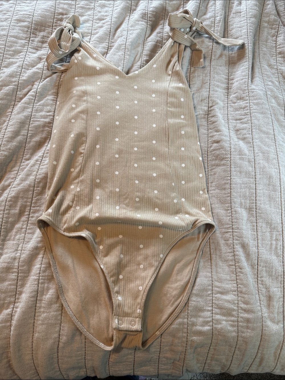 Old Navy Beige Polka Dot Tie-Shoulder One-Piece Bodysuit